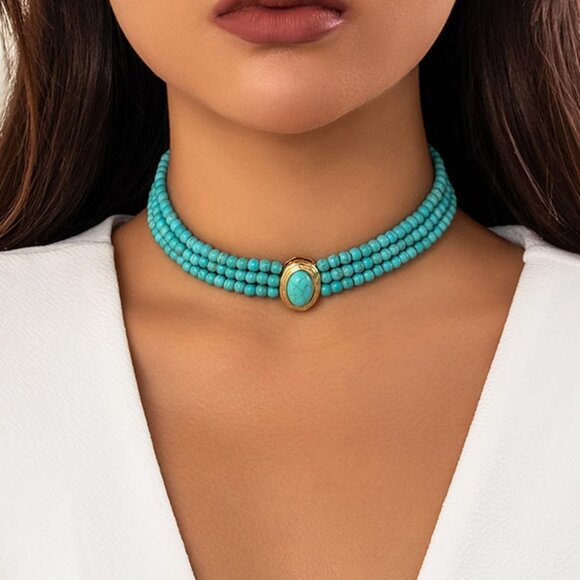 Boho Turquoise Layered Choker Necklace Imitation Pearl Women Accessories - Picture 2 of 7